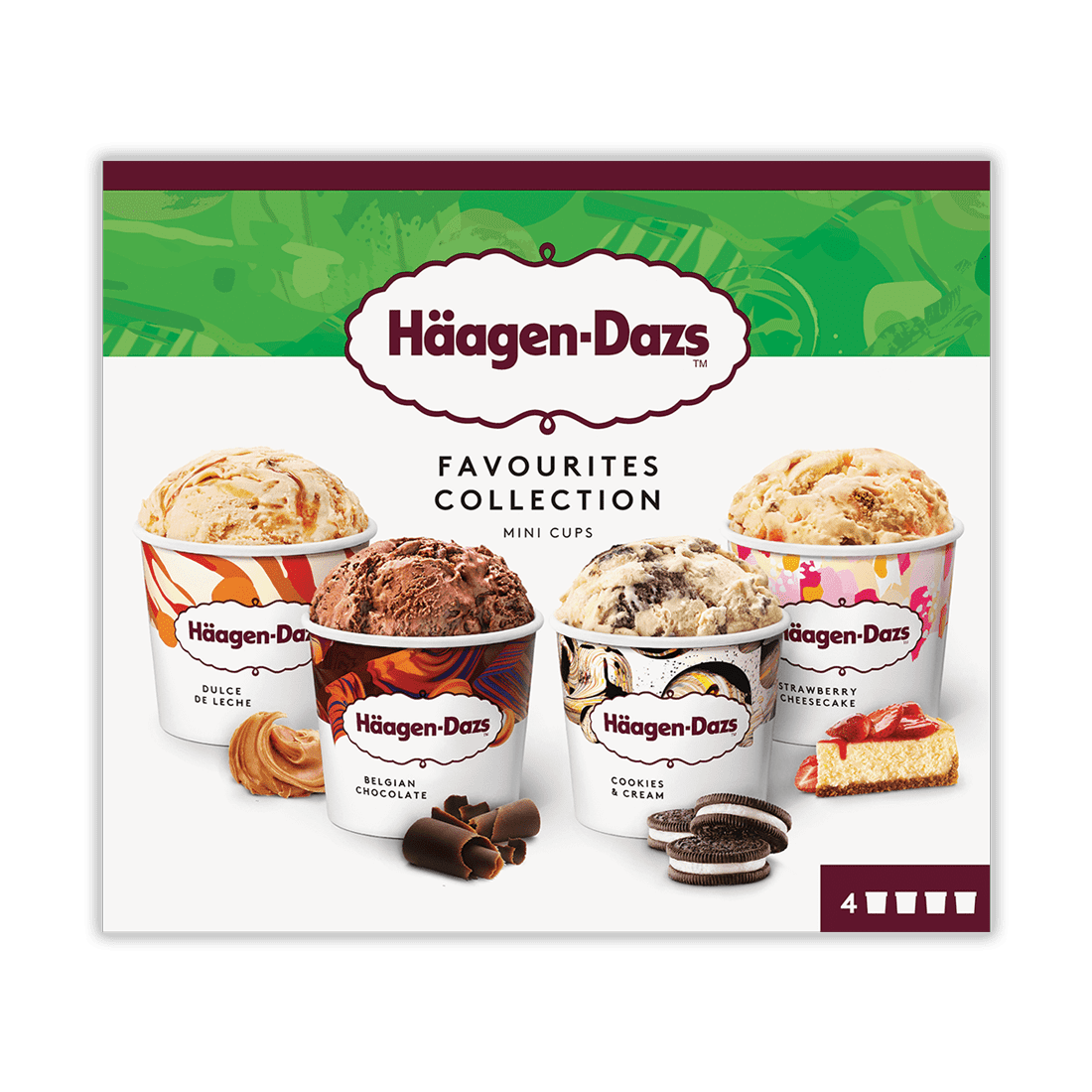 Haagen Dazs Minicup Favourites Collection Multipack including Dulce De Leche, Belgian Chocolate, Cookies & cream, and Strawberry cheesecake; front of package