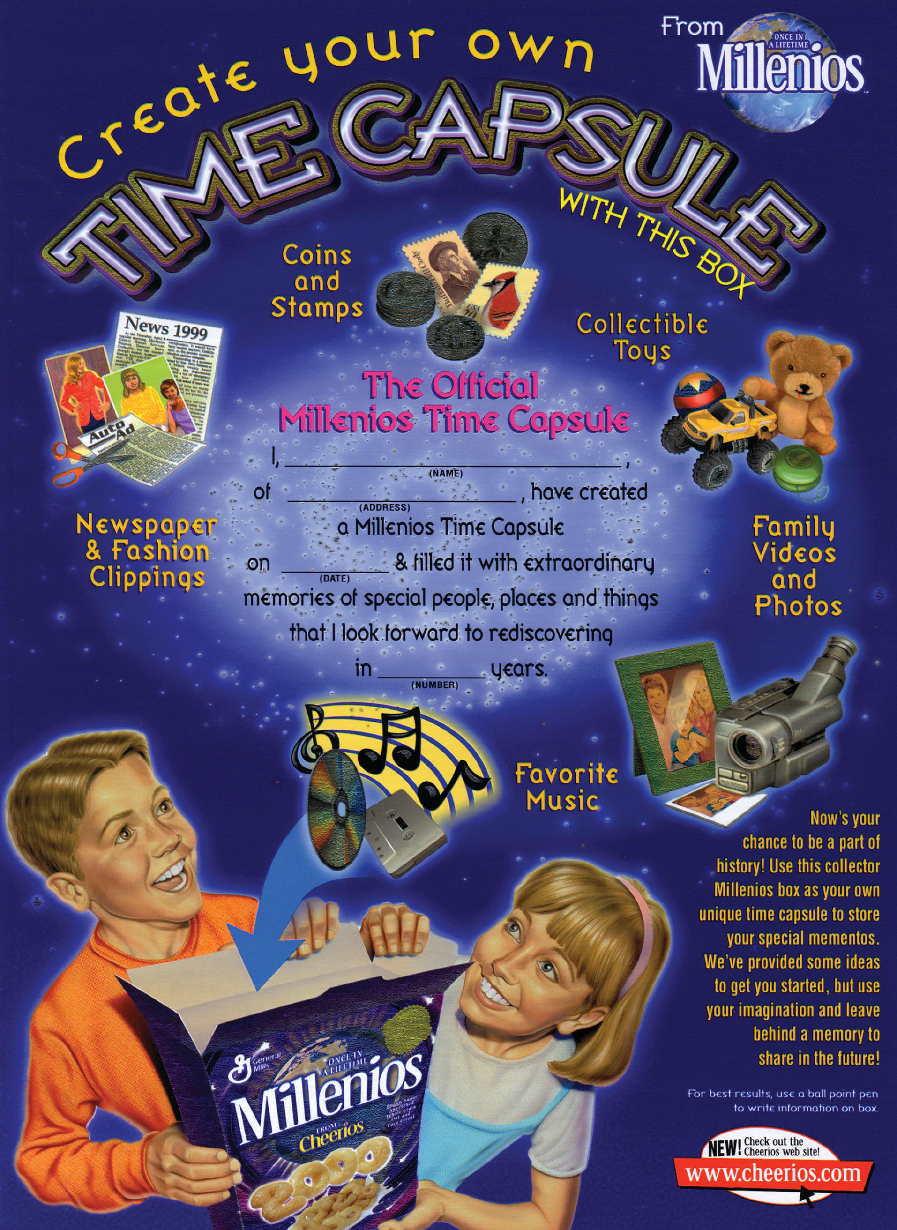 Back of Cheerios millenios cereal box