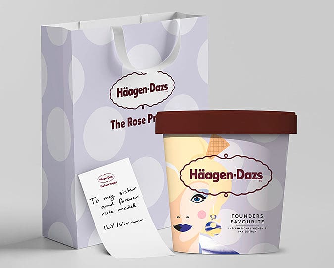 Limited-edition Häagen-Dazs Founders Favorite Vanilla ice cream pint packaging aside branded lilac and white polka-dot bag.