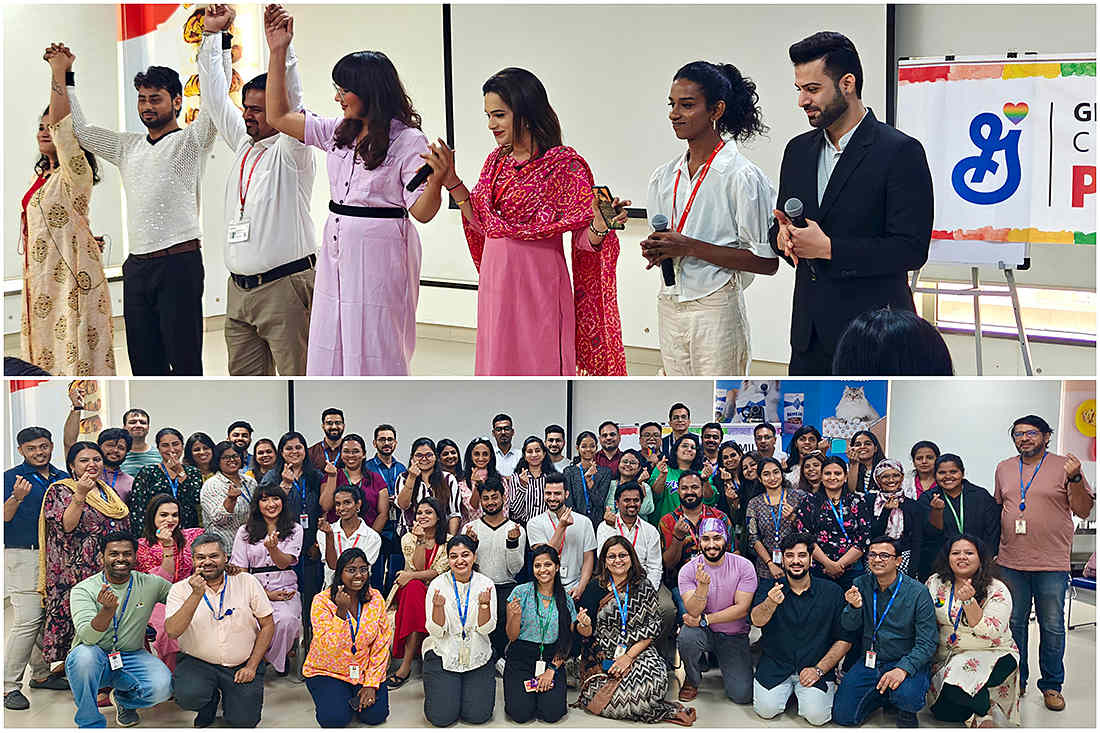 A group of people celebrating Mumbai Queer Azadi Month, posing together for a picture with smiles and pride.