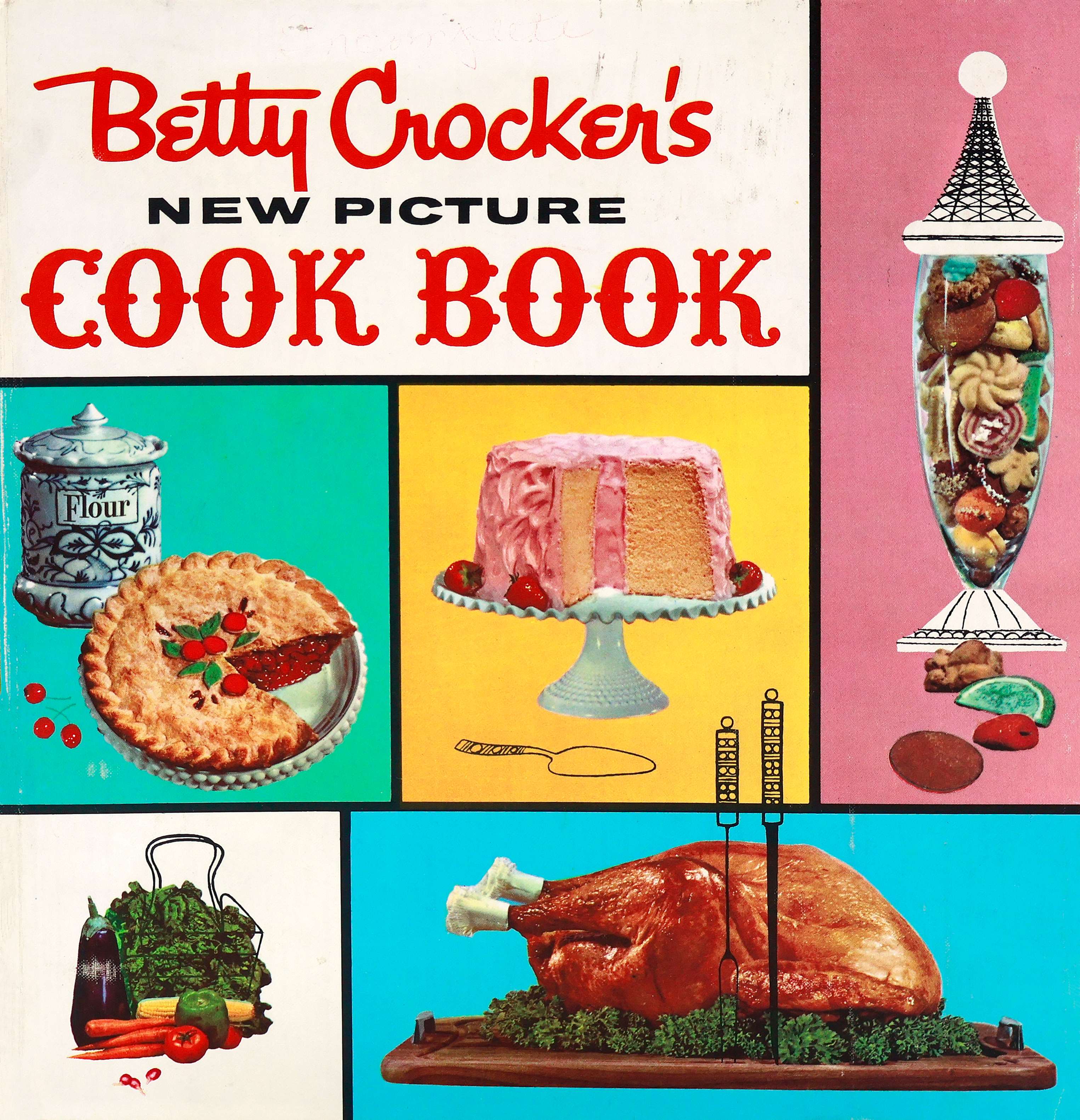 Cover of the 1961 Betty Crocker Cookbook with white, blue, yellow and pink squares with a cherry pie, angel food cake with pink frosting, a sketched tall, narrow, clear-glass cookie jar filled with cookies, some vegetables and a roasted turkey. 