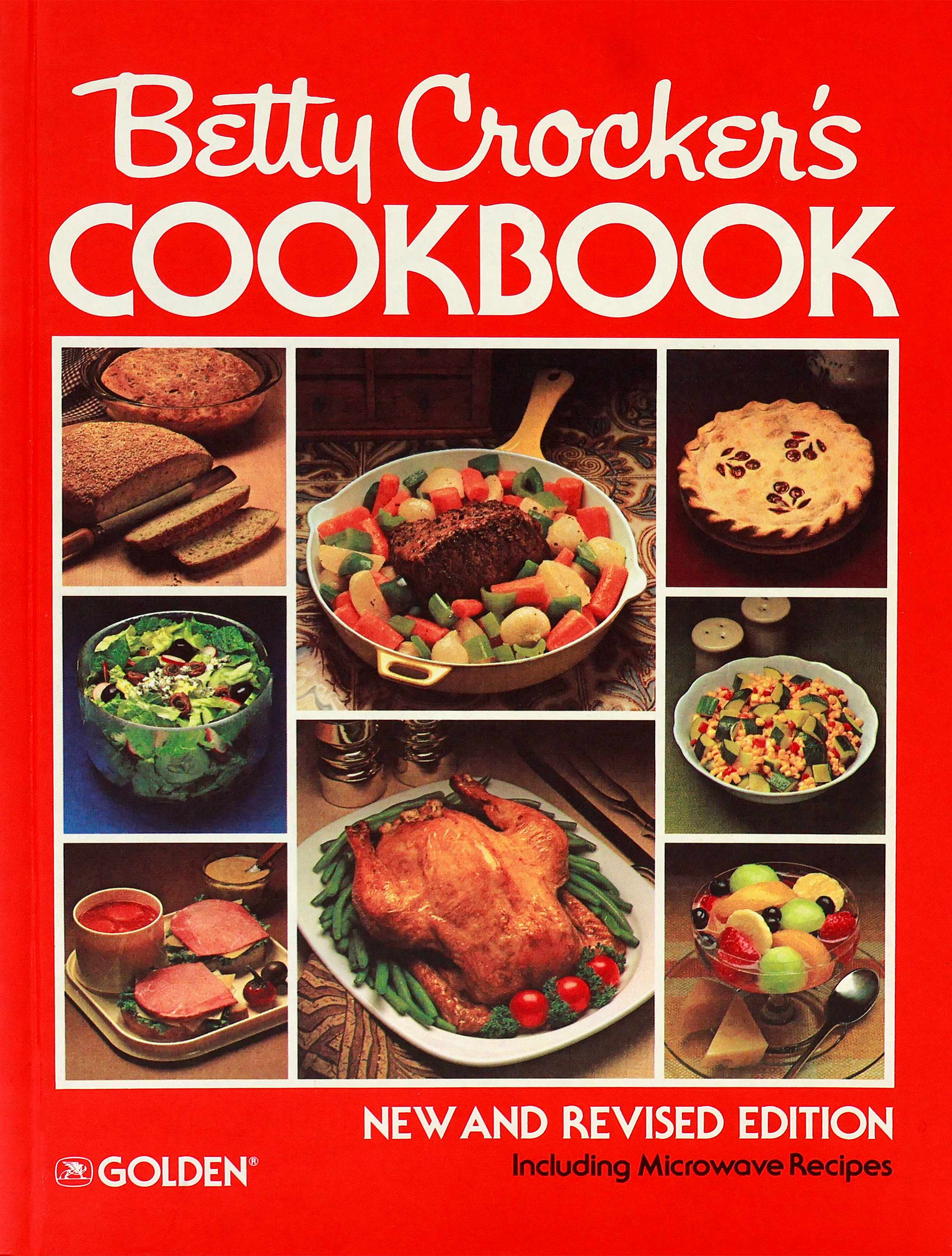 Cover of the 1978 Betty Crocker Cookbook with a red cover that has 8 squares. Two large squares in middle have a skillet with a beef roast and vegetables and a turkey with green beans. The 6 smaller squares have casserole bread, salad, soup and sandwich, cherry pie, mixed vegetables and fruit in a low-stemmed dish.  