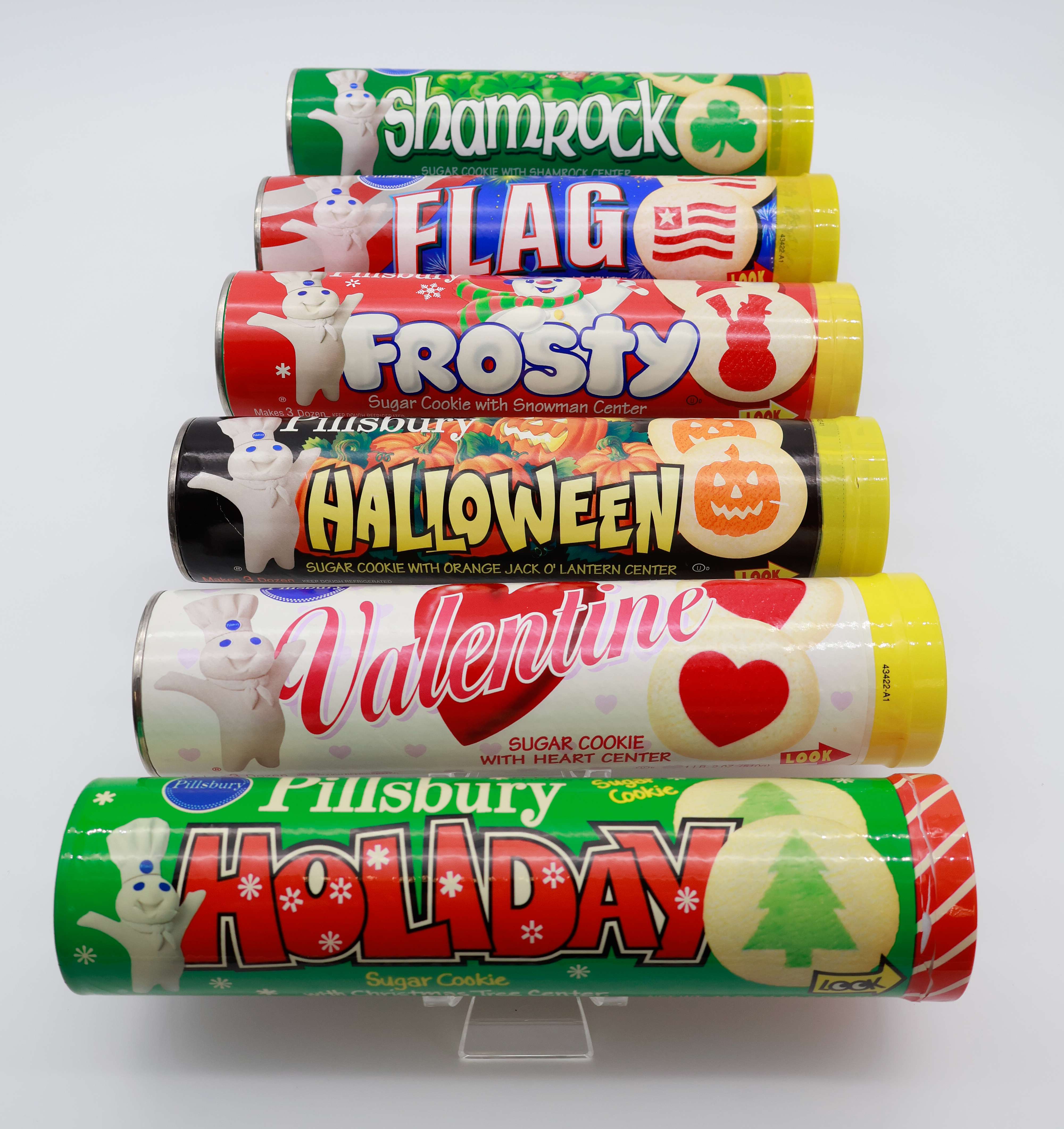 A photo of Pillsbury Slice n' Bake Shape Cookie packages including Holiday, Valentine and Shamrock