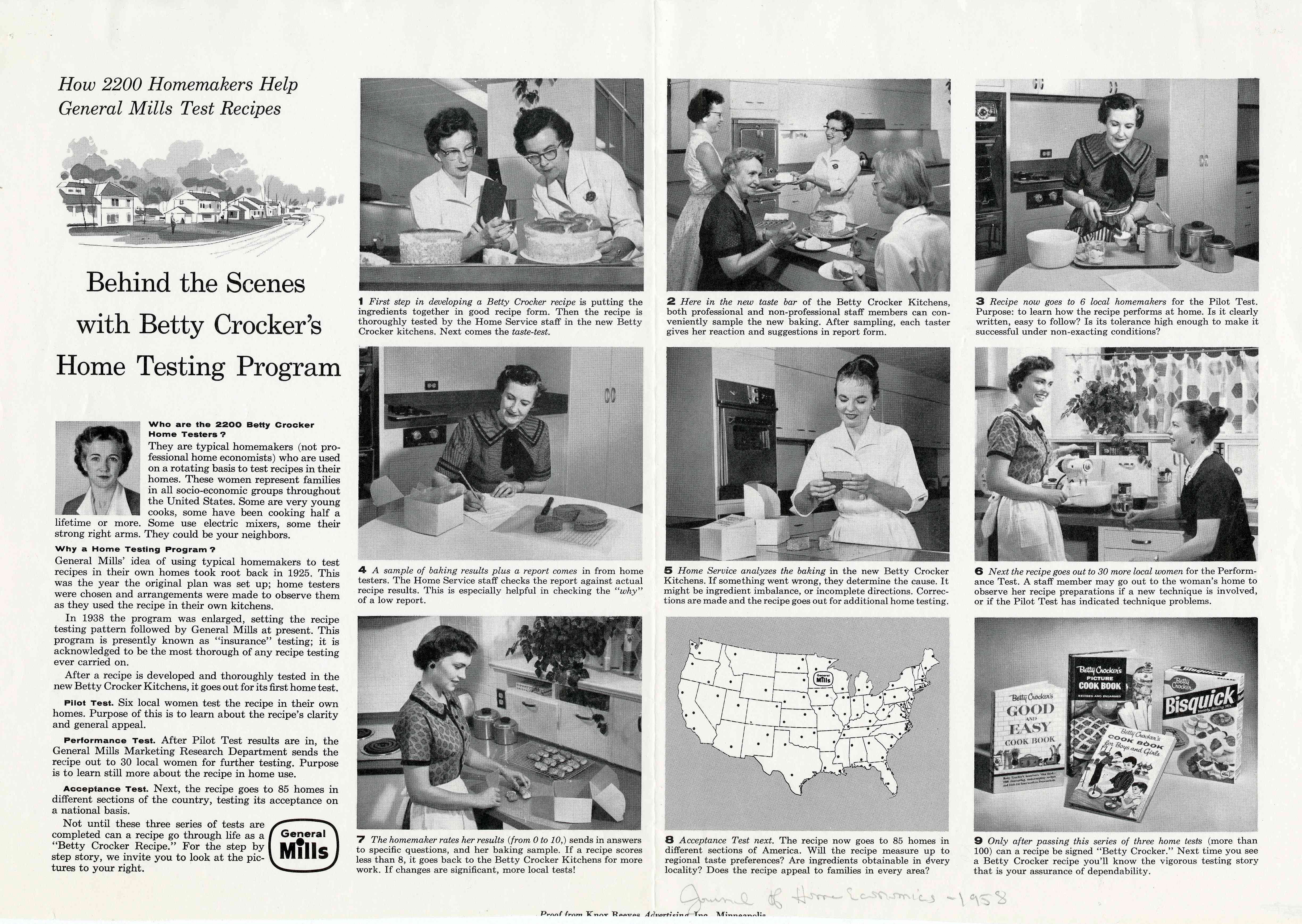 o	Newspaper clipping from 1958 titled ”How 2200 Homemakers Help General Mills Test Recipes” describing the behind-the-scenes Home Testing Program process to develop recipes for the Betty Crocker cookbooks. Steps 1-9 are outlined accompanied by black and white photos.