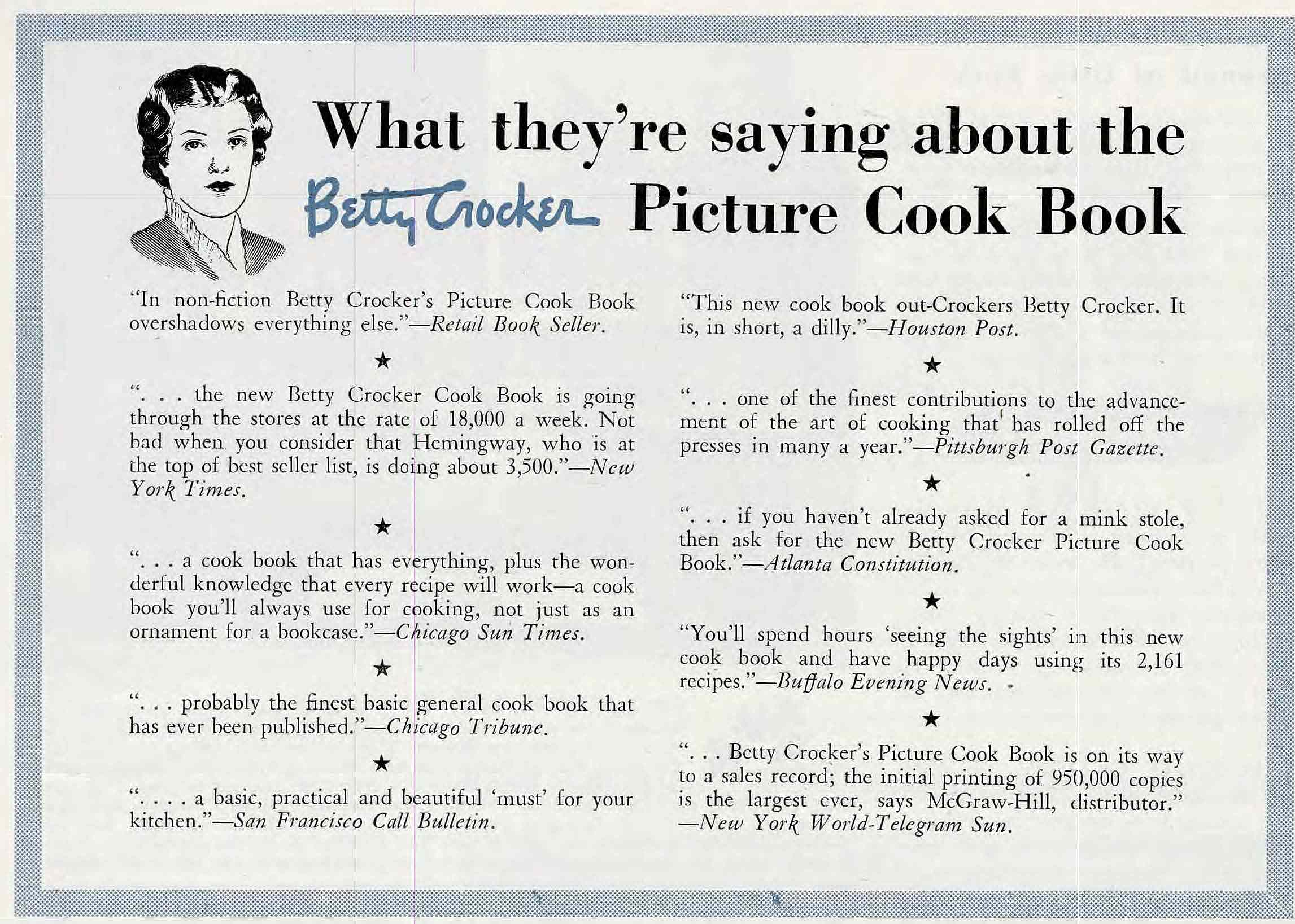 o	Clipping from the 1951 Modern Millwheel publication titled ”What they’re saying about the Betty Crocker Picture Cook Book.” The clipping shows an illustration of Betty Crocker and ten written quotes from the major news outlets at the time, like New York Times, Chicago Tribune, and more. 