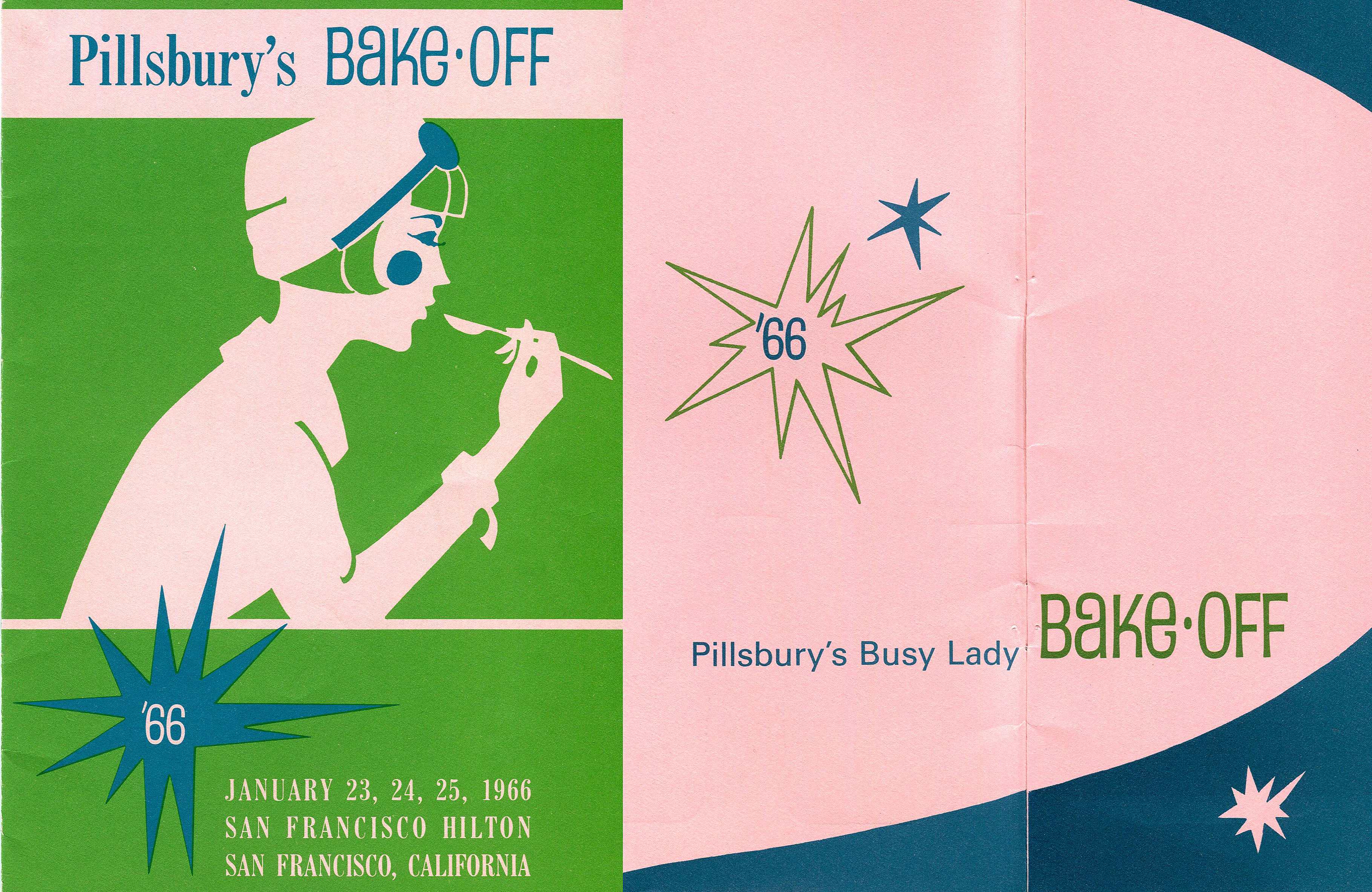 A 1966 Pillsbury Bake-Off program featuring a mid-century modern design. The cover is split into a green section with a stylized illustration of a woman tasting food from a spoon, and a pink and blue section with the text "Pillsbury's Busy Lady Bake-Off.