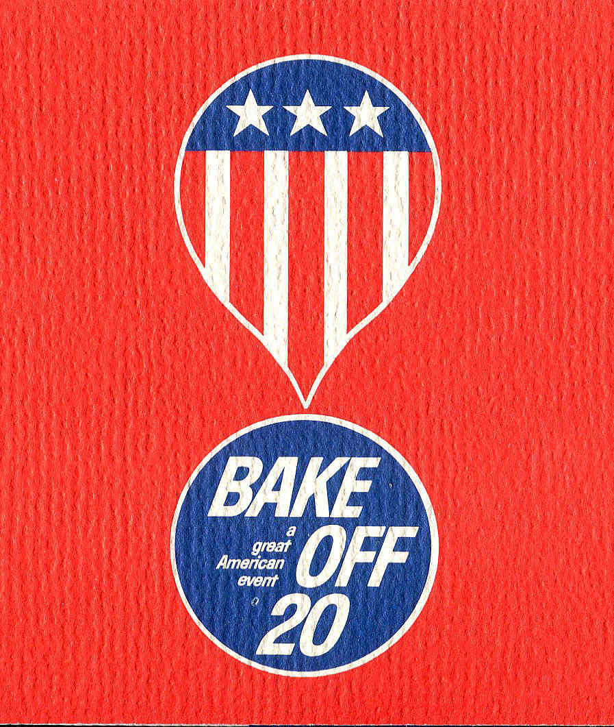 A graphic for the 20th Pillsbury Bake-Off on a textured red background. The image features a patriotic, teardrop-shaped logo with stars and stripes positioned above a blue circular logo that reads "Bake-Off 20, a great American event”.