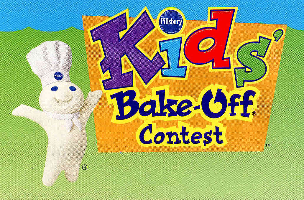 The vibrant and colorful logo for the Pillsbury Kids' Bake-Off Contest. The Pillsbury Doughboy is shown on the left, smiling with arms outstretched, next to the playful, multi-colored contest title set against a bright orange and green background.