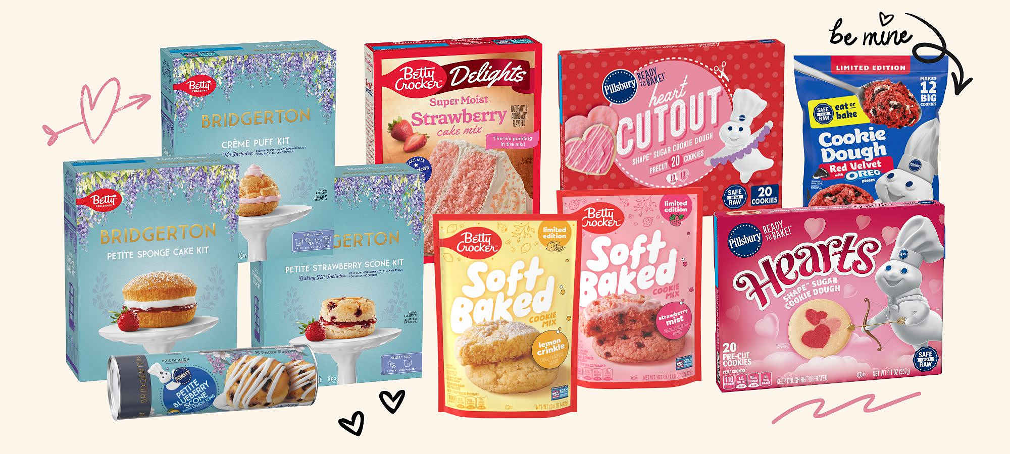 ​​Pillsbury Heart Shape Sugar Cookies, Betty Crocker SuperMoist Strawberry Cake Mix and more featured in front of a pink background with heart doodles. ​ 