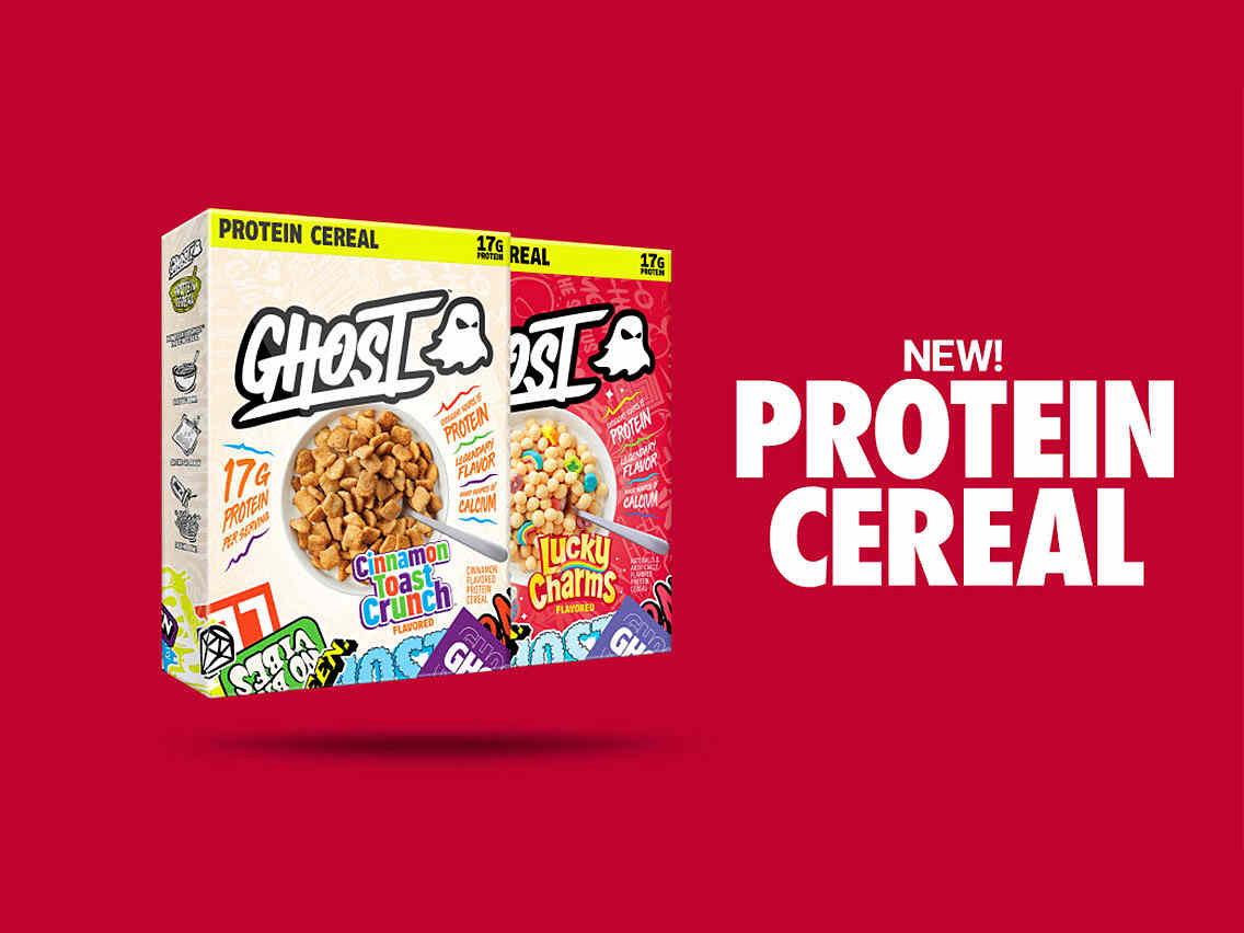 GHOST® PROTEIN CEREAL x CINNAMON TOAST CRUNCH™ and GHOST® PROTEIN CEREAL x LUCKY CHARMS™ featured on a bright red background with the words “New! Protein Cereal”)​