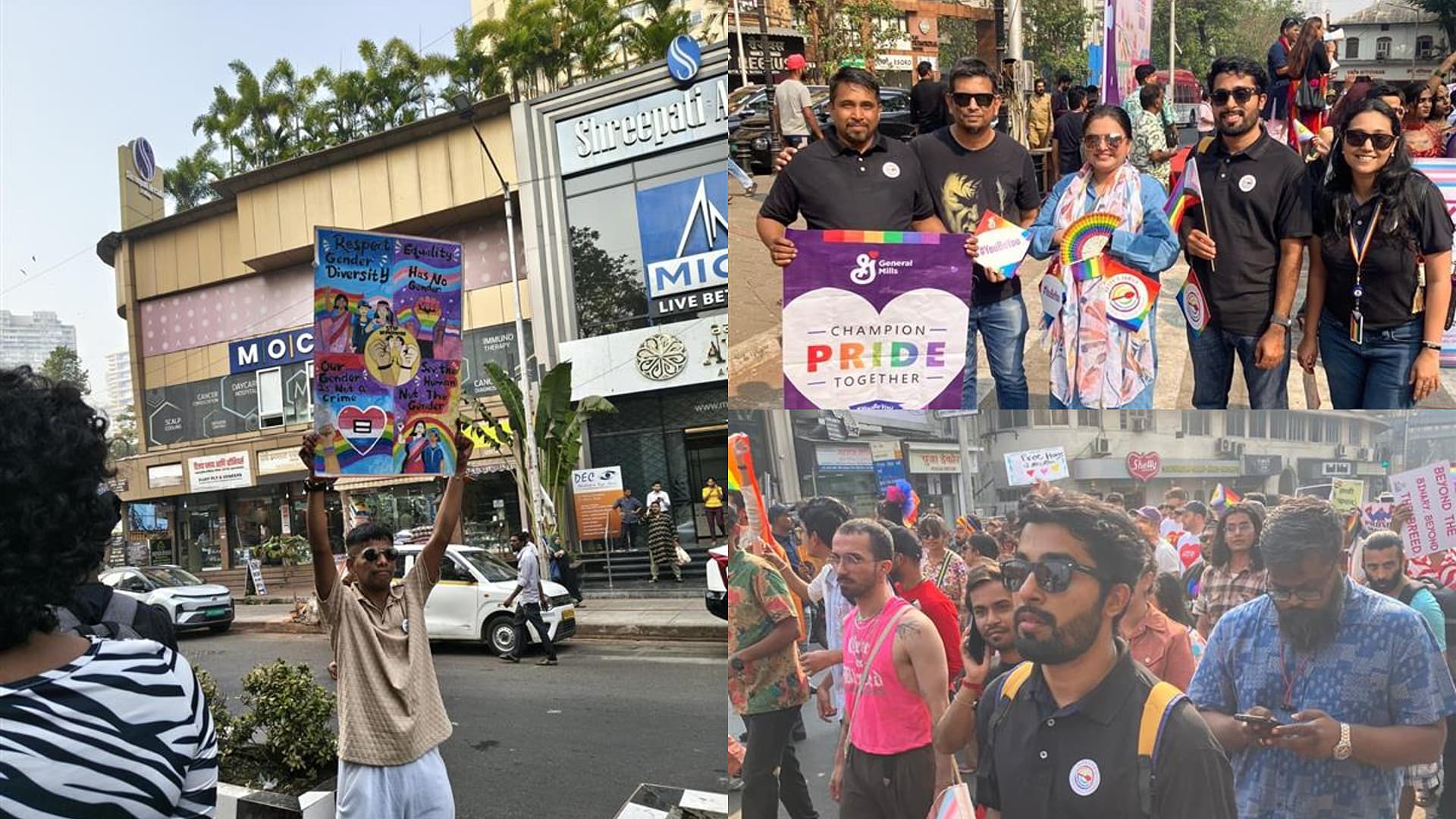 A collage of photos from a Pride march. One photo shows a participant holding a colorful sign with illustrations and messages celebrating diversity on a busy street with shops in the background. Another photo shows a small group standing together holding a Pride-themed banner and rainbow accessories. Additional photos show a crowd of marchers walking along city streets carrying Pride flags, posters, and placards. The overall scene reflects a lively Pride parade with vibrant colors and community participation.