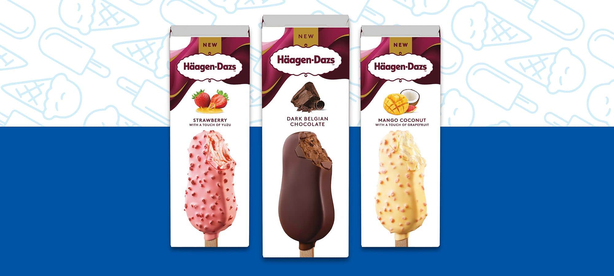 ​​New International products from Haagen Dazs, including stick bars, featured together in front of a blue and white background.