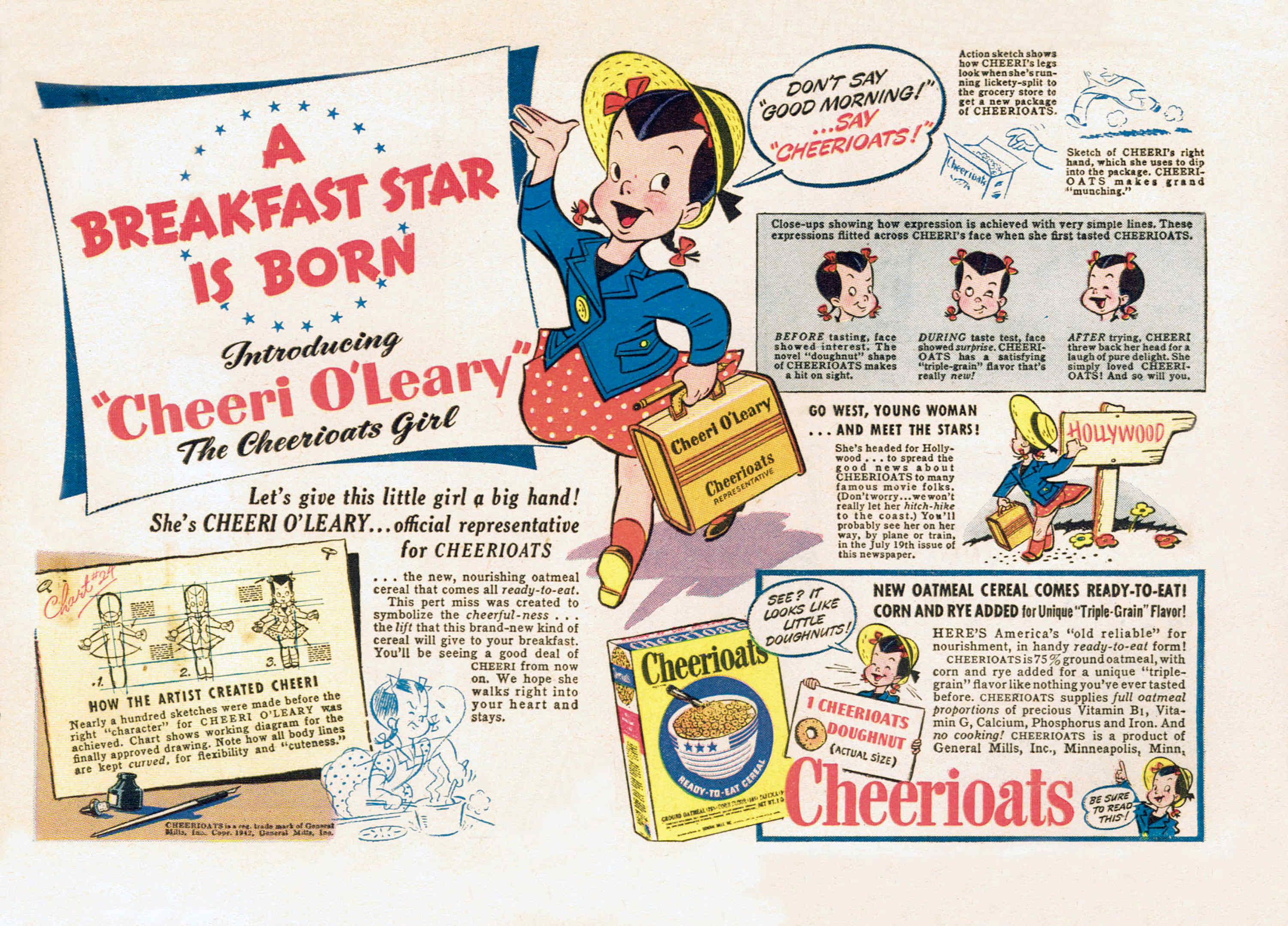 A vintage comic-style advertisement for Cheerioats cereal introducing the mascot "Cheeri O'Leary." The ad has a headline that reads, "A BREAKFAST STAR IS BORN." It features a cartoon girl in a blue jacket and red skirt holding a box of Cheerioats, along with details on the character's creation and expressions.