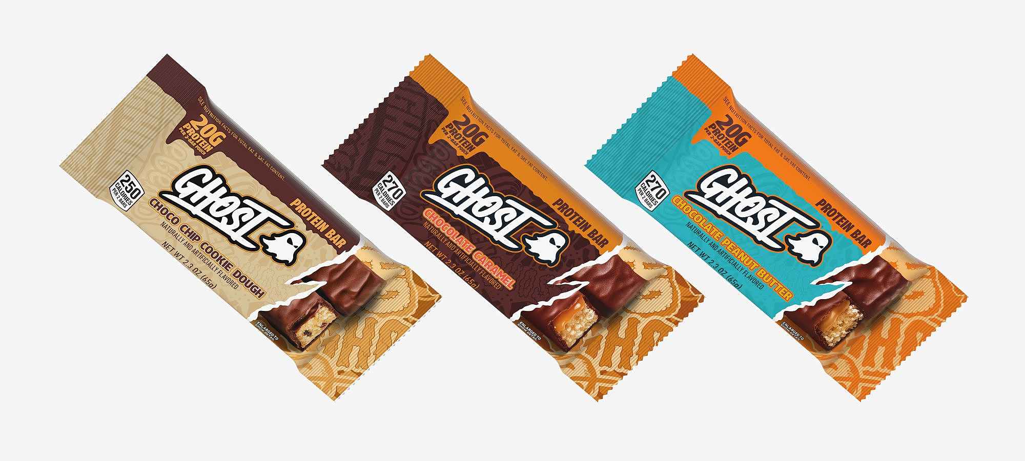 ​​Three GHOST® PROTEIN BARs arranged next to each other on a white background.