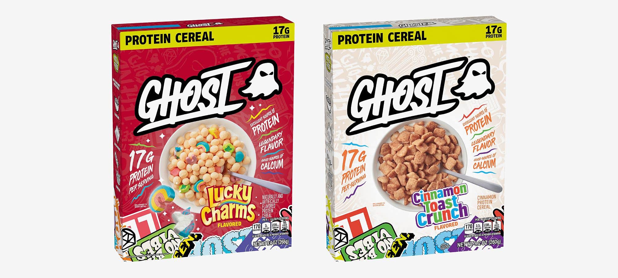 ​​Boxes of GHOST® PROTEIN CEREAL x CINNAMON TOAST CRUNCH™ and GHOST® PROTEIN CEREAL x LUCKY CHARMS™ on a white background.