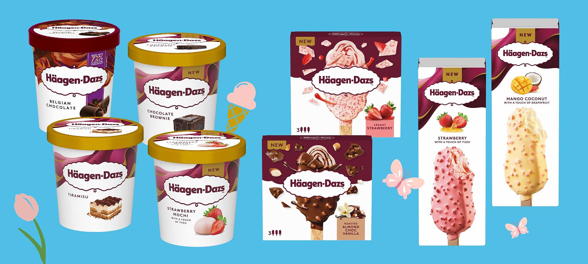 Häagen-Dazs Ice Cream arranged on a bright blue background with flower and butterfly infographics for spring.