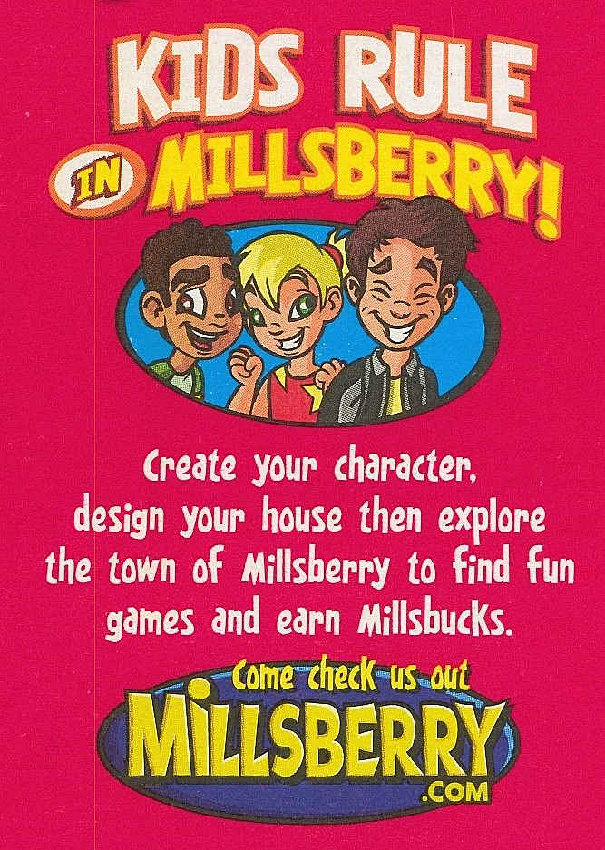 An advertisement for the online game Millsberry.com. It features three smiling cartoon kids with the headline "KIDS RULE IN MILLSBERRY!" The text encourages users to create a character, design a house, and explore the town to find games.