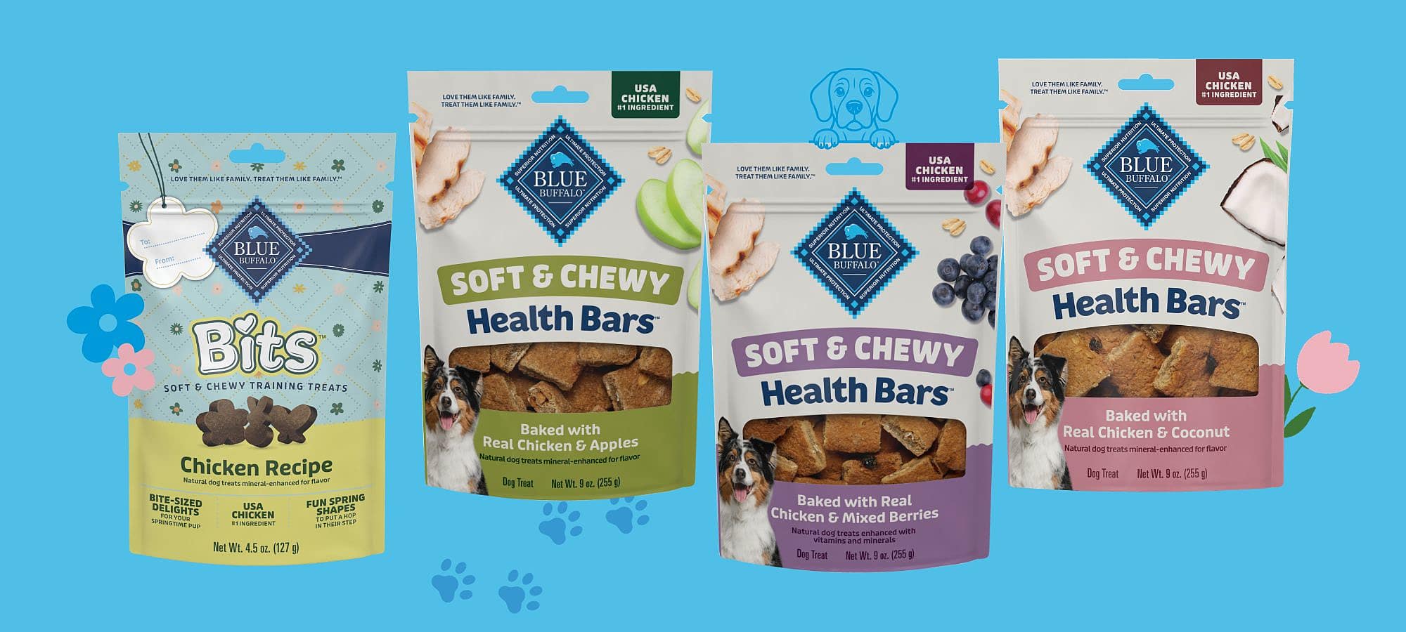 Blue Buffalo spring time treats including Soft and Chewy Health Bars arranged on a bright blue background with flower infographics for spring.