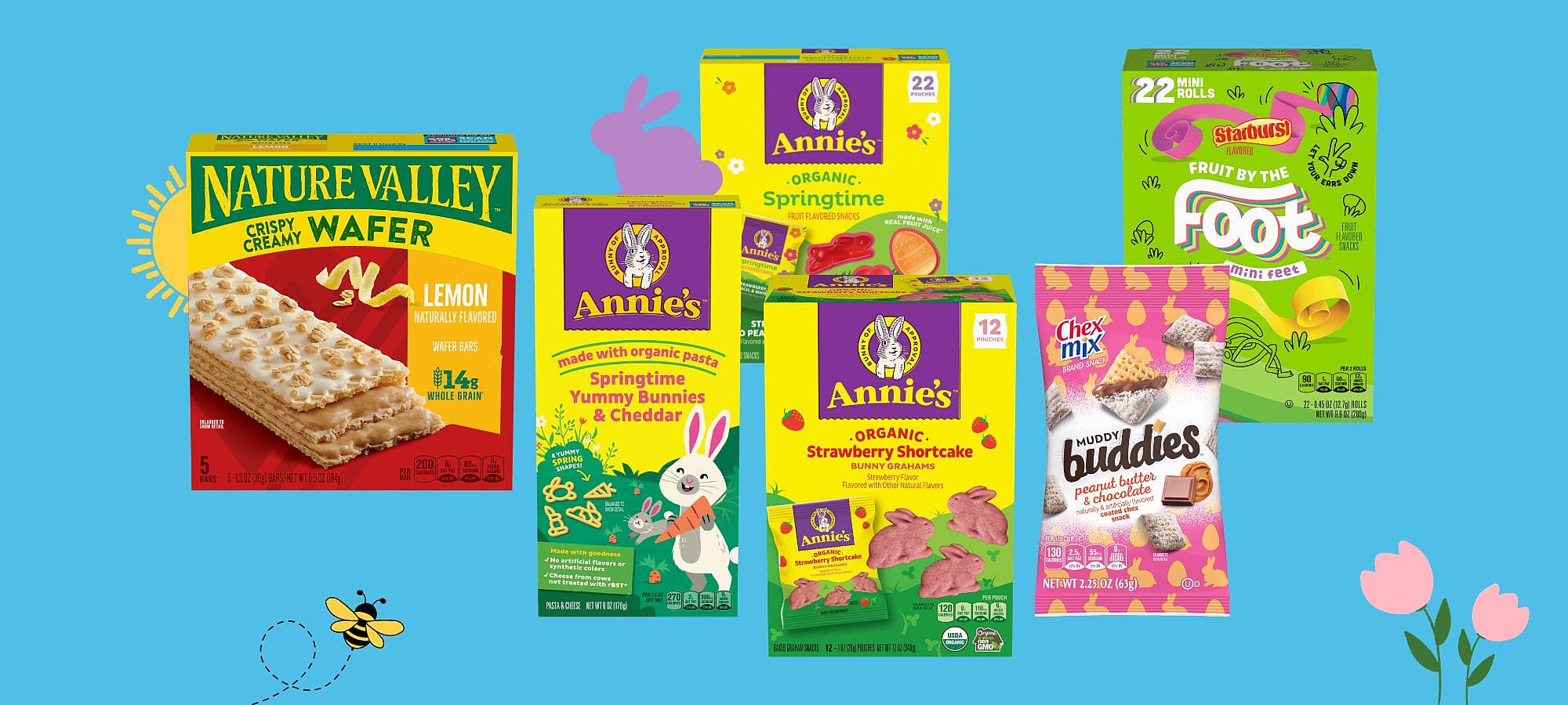 Nature Valley Protein Balls; Annie’s Strawberry Shortcake Bunny Grahams; and more arranged on a bright blue background with flower and bunny infographics for spring.