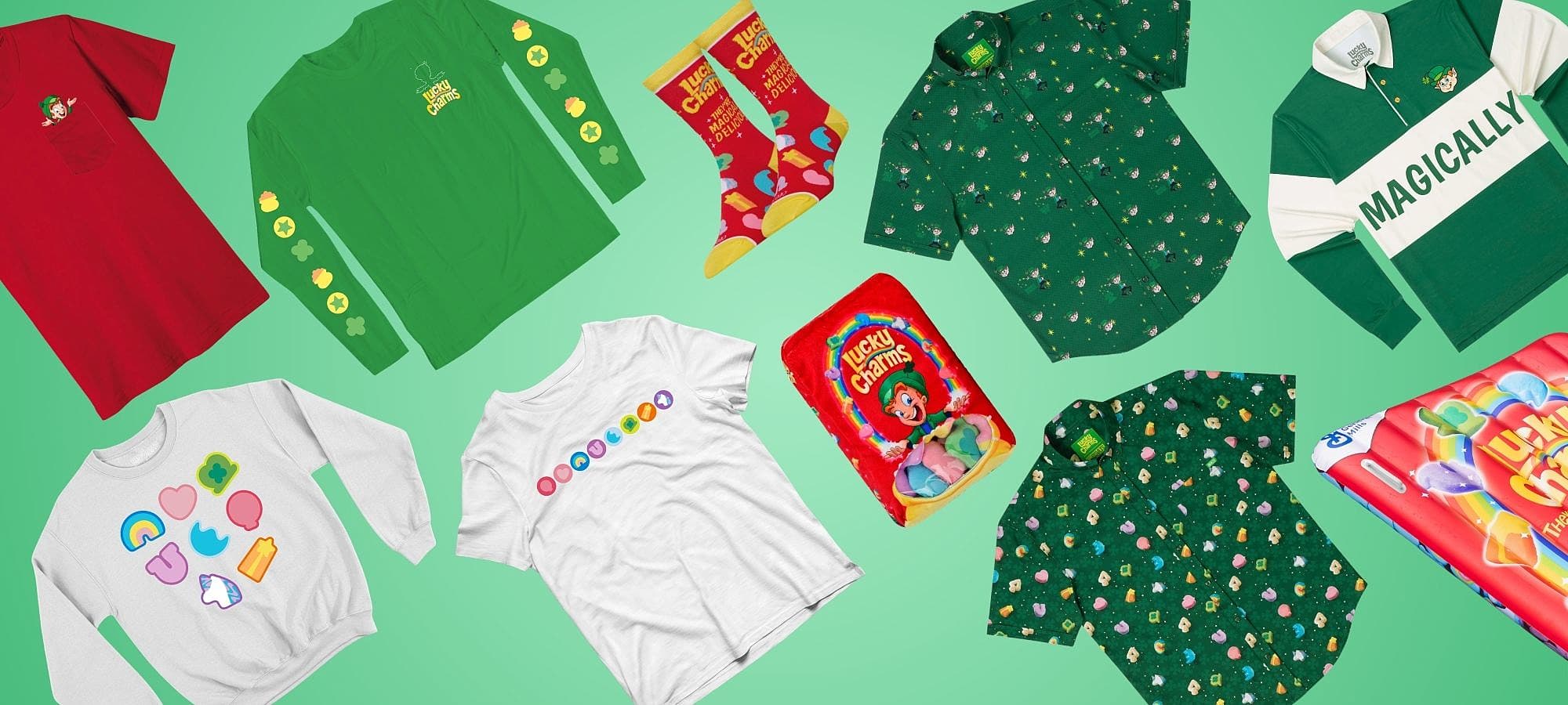 ​​Lucky Charms apparel including t-shirts, sweatshirts, socks on a green background.
