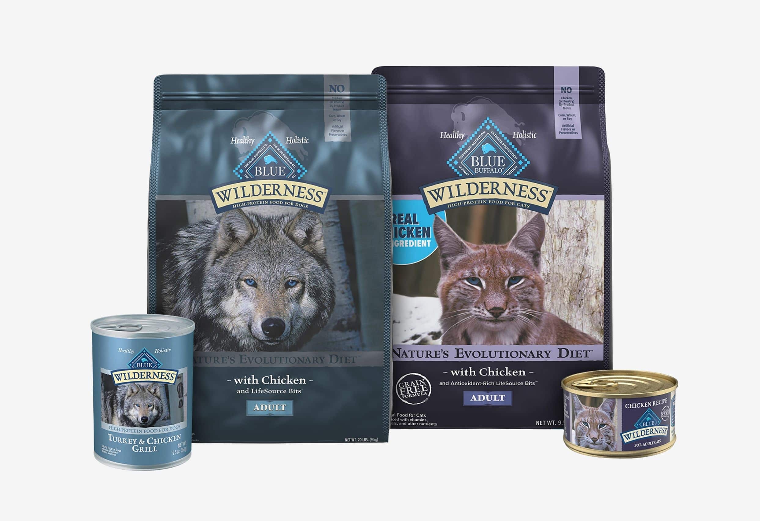 Two large bags and two small cans of Blue Buffalo Wilderness dog and cat food. 