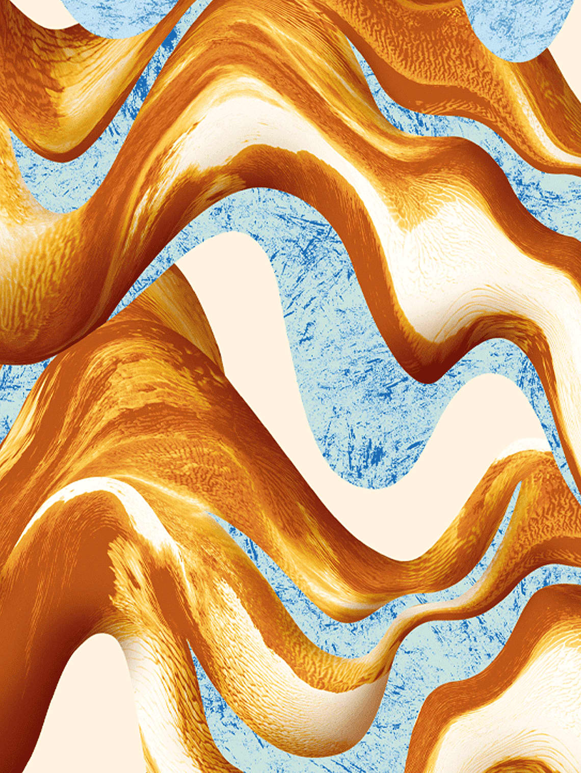 Salted Caramel Flavour pattern in graphic brown, tan, white layered swirls against a blue background