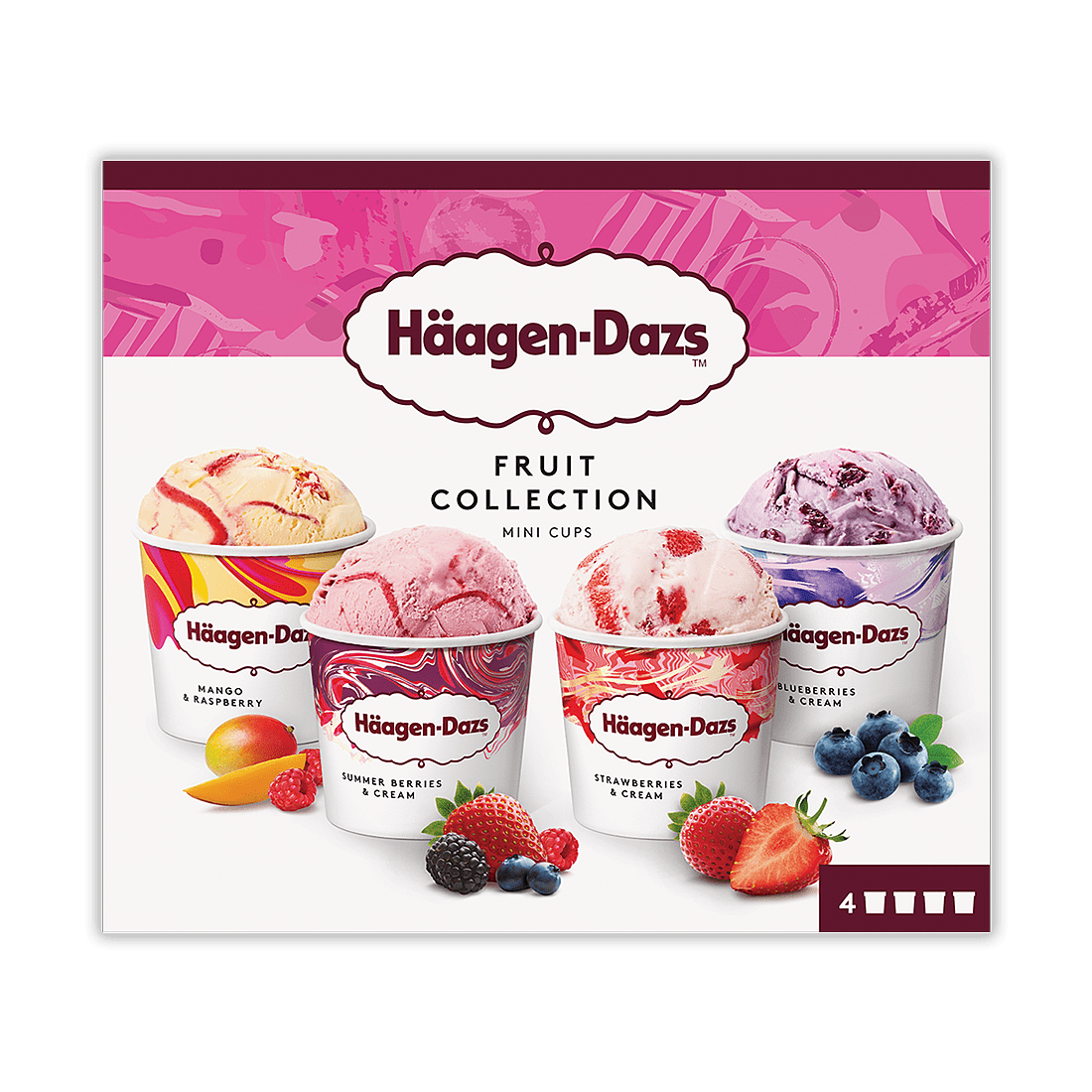 Haagen Dazs Fruit Collection mini cups in Mango Raspberry, Summer berries & cream, Strawberry & Cream, and Blueberries & Cream; front of package