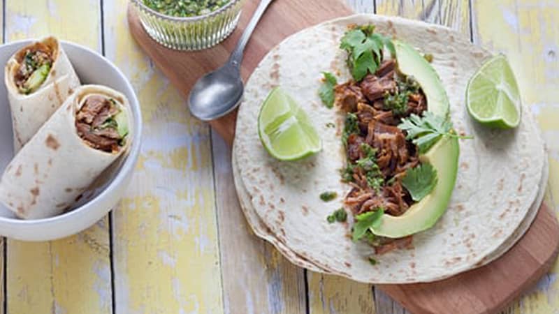 Roasted pork burritos, with avocado and salsa verde hero