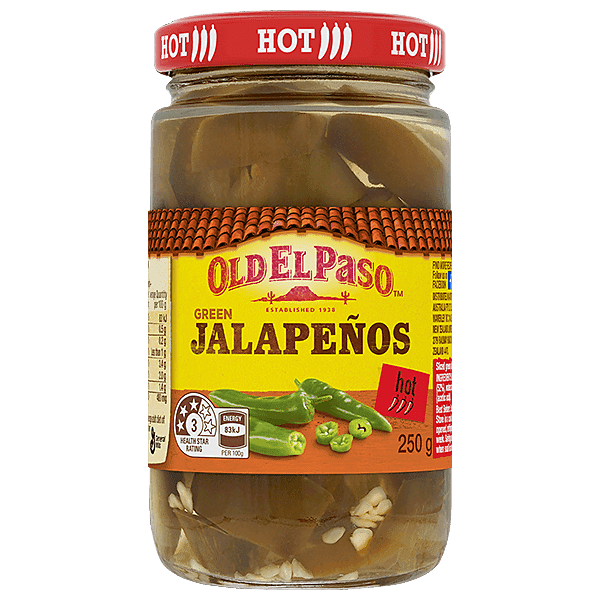 a glass jar of Old El Paso's hot sliced green jalapenos (250g)