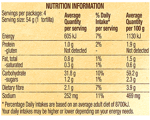 jumbo gluten free tortillas nutrition