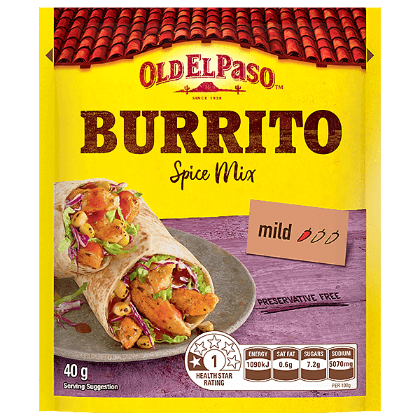 a pack of Old El Paso's mild burrito spice mix (40g)