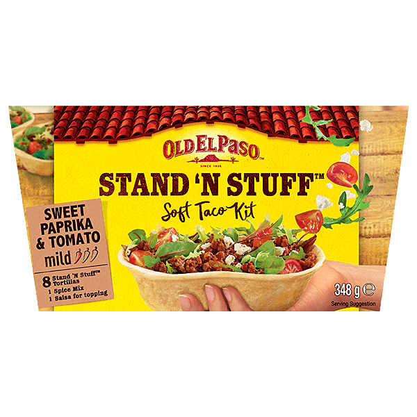a pack of Old El Paso stand n stuff sweet paprika & tomato soft taco kit mild containing stand n stuff tortillas, spice mix & salsa for topping (348g)