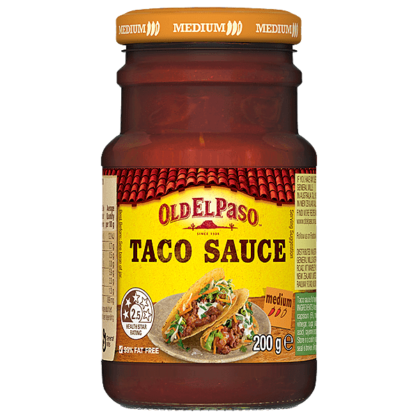 a glass jar of Old El Paso's medium taco sauce (200g)