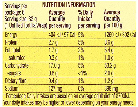 Extra thin tortillas nutrition