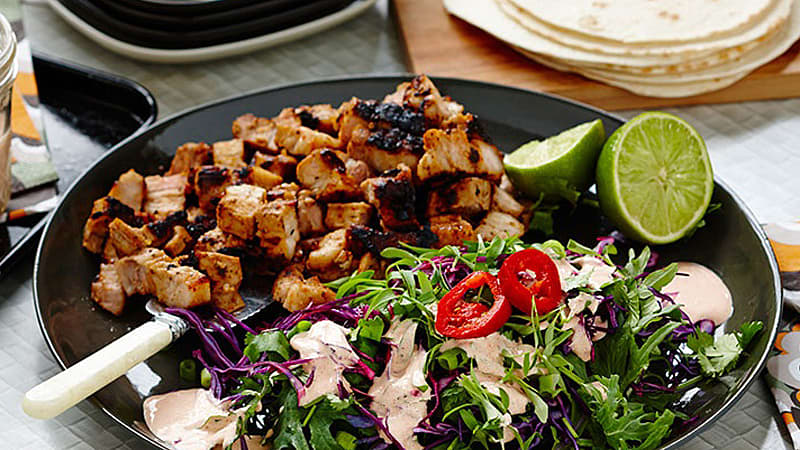 BBQ Pork Soft Tacos with Creamy Red Chili Dressing and Baby Kale Slaw