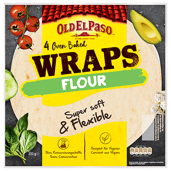 un paquet de 4 wraps à la farine cuite au four Old El Paso, 233g
