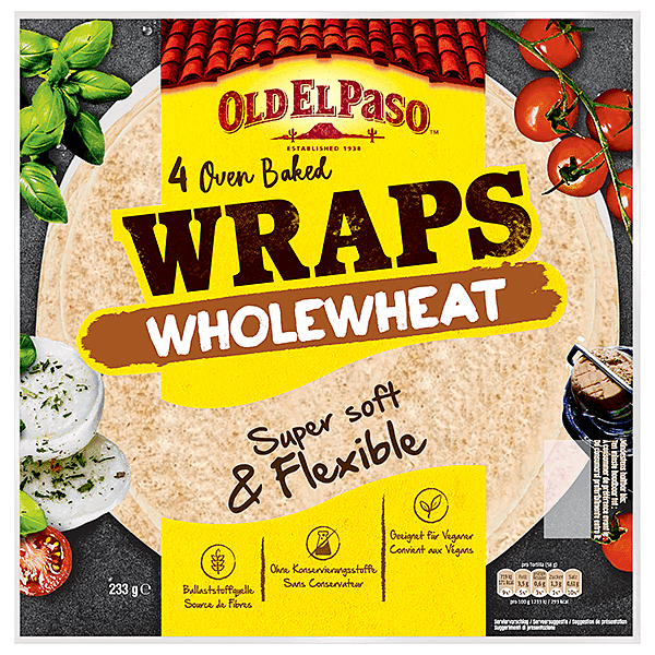 un paquet de 4 wraps de blé entier cuits au four Old El Paso, 233g