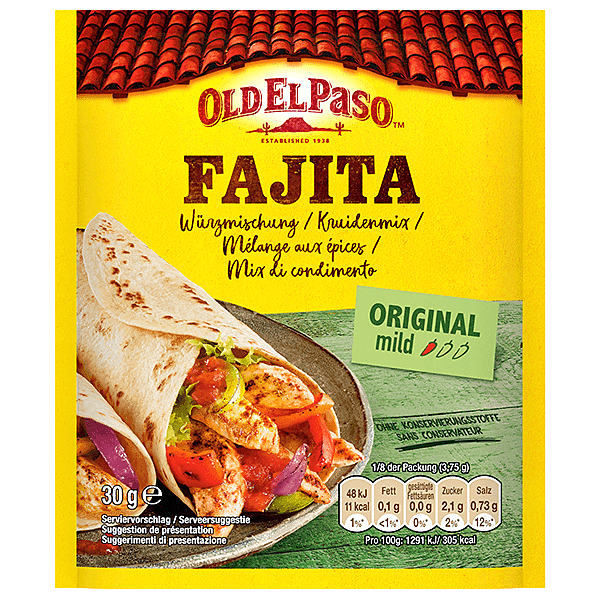 eine Packung Old El Paso Fajita-Gewürzmischung mild, 30g