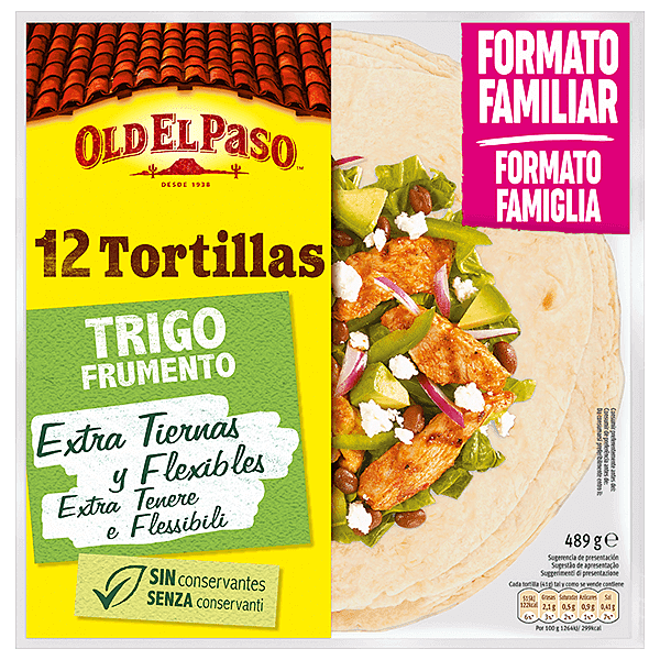 un paquete de tortillas de trigo Old el paso de 12 uds, 489g