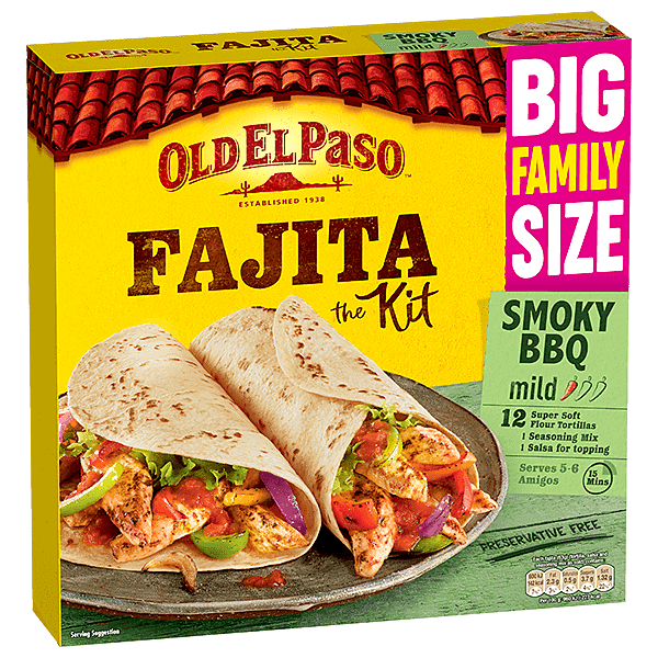 pack of Old El Paso's big family size mild smoky BBQ fajita kit containing 12 soft tortillas, seasoning mix & salsa (750g)