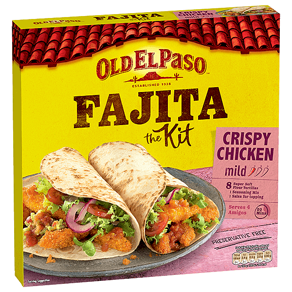 pack of Old El Paso's crispy chicken mild fajita kit containing soft flour tortillas, seasoning mix & salsa (555g)
