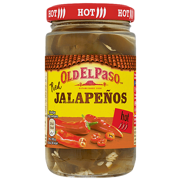 glass jar of Old El Paso's sliced red jalapenos (215g)