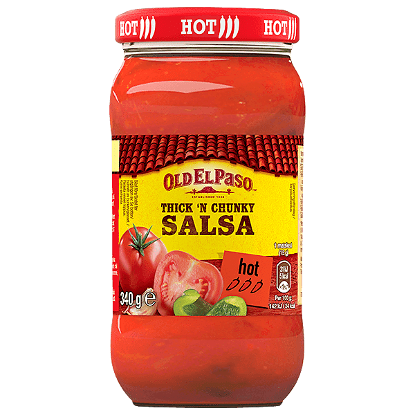 en glassflaske Old El Paso varm tykk og tykk salsa, 340g