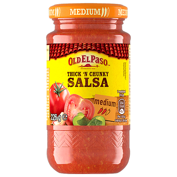 en glassflaske Old El Paso tykk og tykk salsa medium, 226g