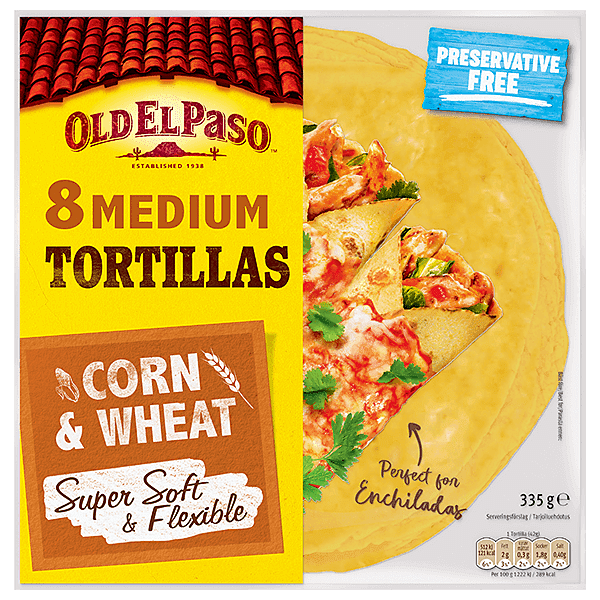 en pakke Old El Paso 8 medium mais- og hvetetortillas, 335 g