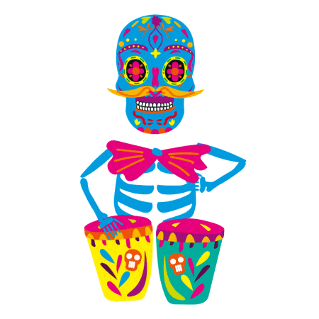 Skeleton passionately playing drums