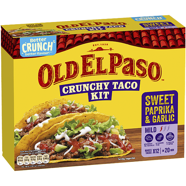 Sweet Paprika & Garlic taco kit packaging with filled tacos on a yellow box.