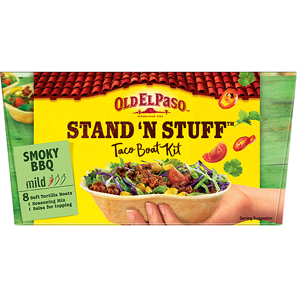 pack of Old El Paso's mild stand n stuff smoky bbq taco kit containing taco boats, seasoning mix & salsa
