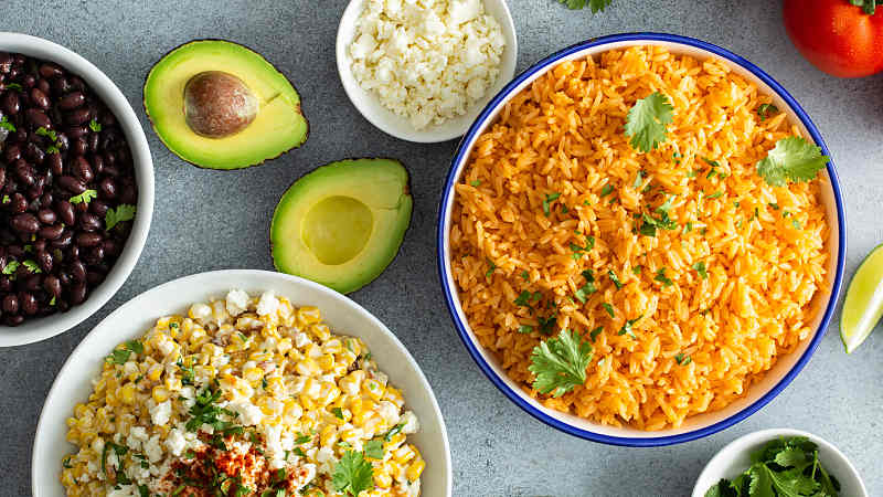 Veggie Mexican Rice Bowls serving on table