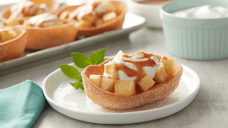 Toffee Apple Mini Tacos served on a white plate
